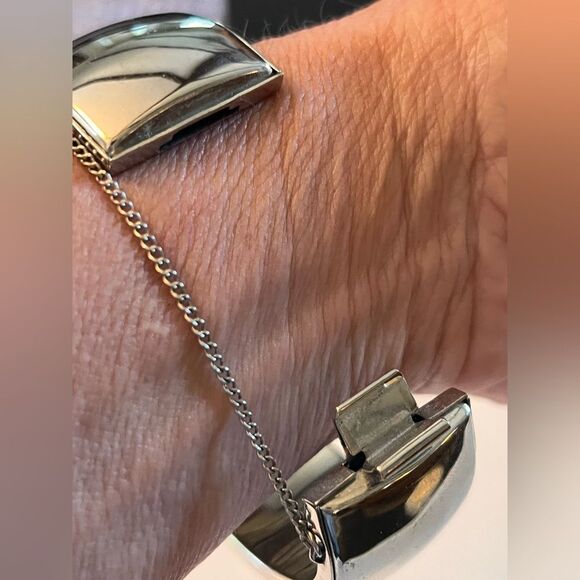 Vintage Silver Hinged Bangle Bracelet silver tone with chain chunky classic - Picture 10 of 12